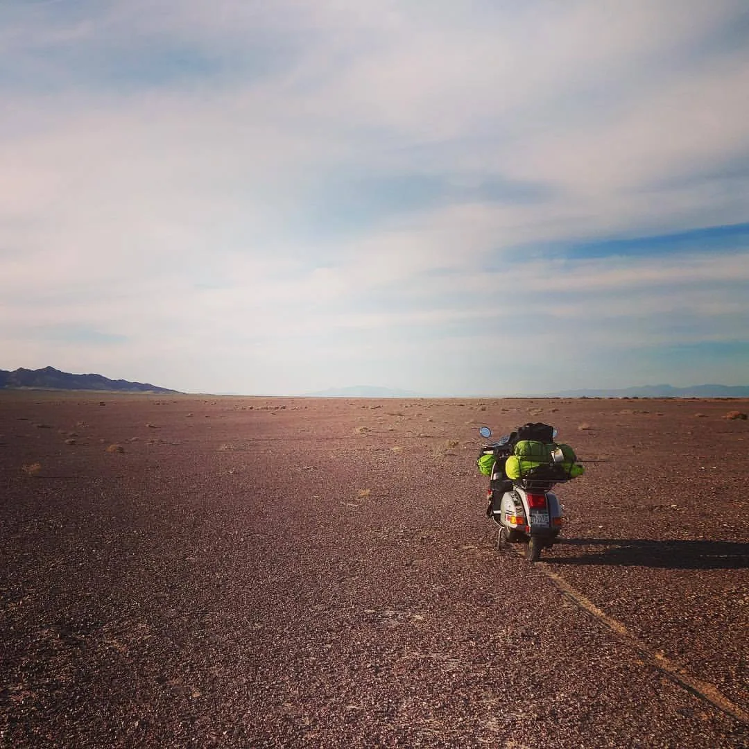 Vespa Stella Betsy alone in Death Valley USA 2017 during Coast to Coast ride
