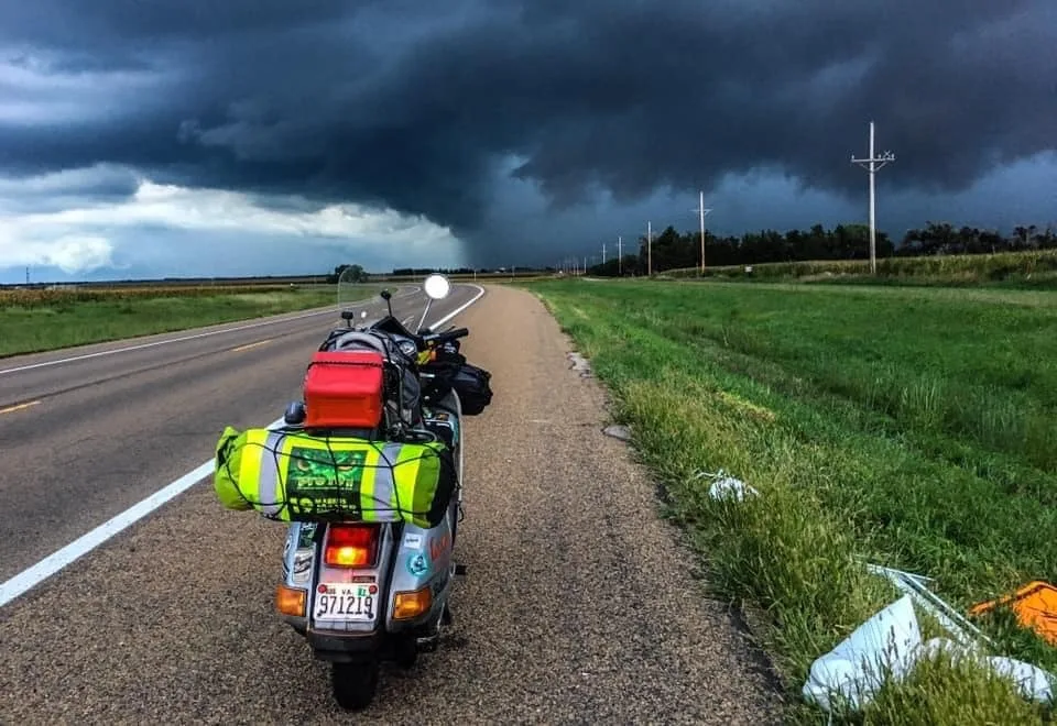 Vespa facing tornado supercell in Kansas USA during 80 day world circumnavigation 2018