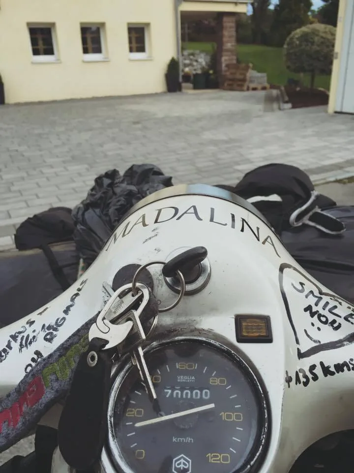 Madalina Vespa P200E odometer showing exactly 70,000 km on arrival in Kempten Germany after Rock the Road tour 2016