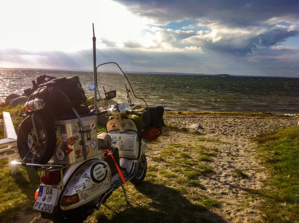 Madalina Vespa P200E on the Danish coast during La Vida Vespa Europe Tour 2014