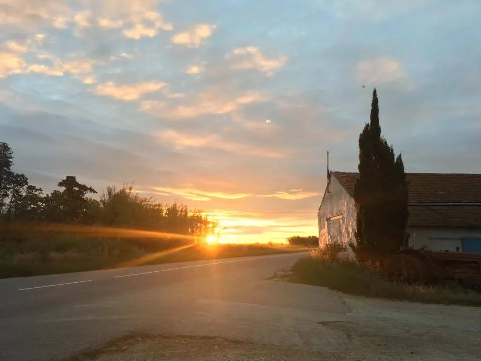 Sunset over the gravel car park in the Camargue France where Markus Mayer was stranded for three nights in 2016