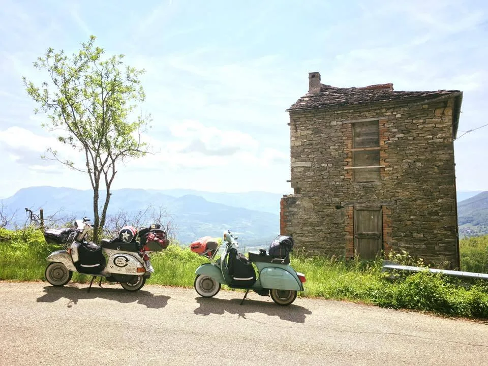 Madalina and Rosinante — two packed Vespas parked in Albisola Superiore Italy 2016