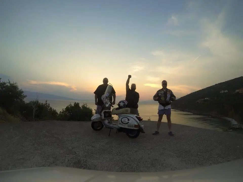 Markus Mayer with Madalina the Vespa at sunset on the Adriatic Magistrale — Croatia 2015
