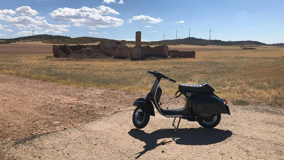 Valentina the 1967 Motovespa GS150 in the Castilian steppe Spain 2024