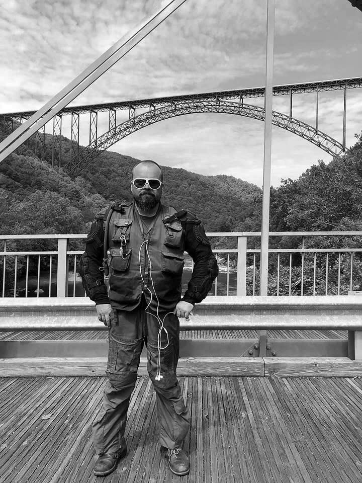 Markus André Mayer at New River Gorge Bridge West Virginia — Vespa world circumnavigation 2018