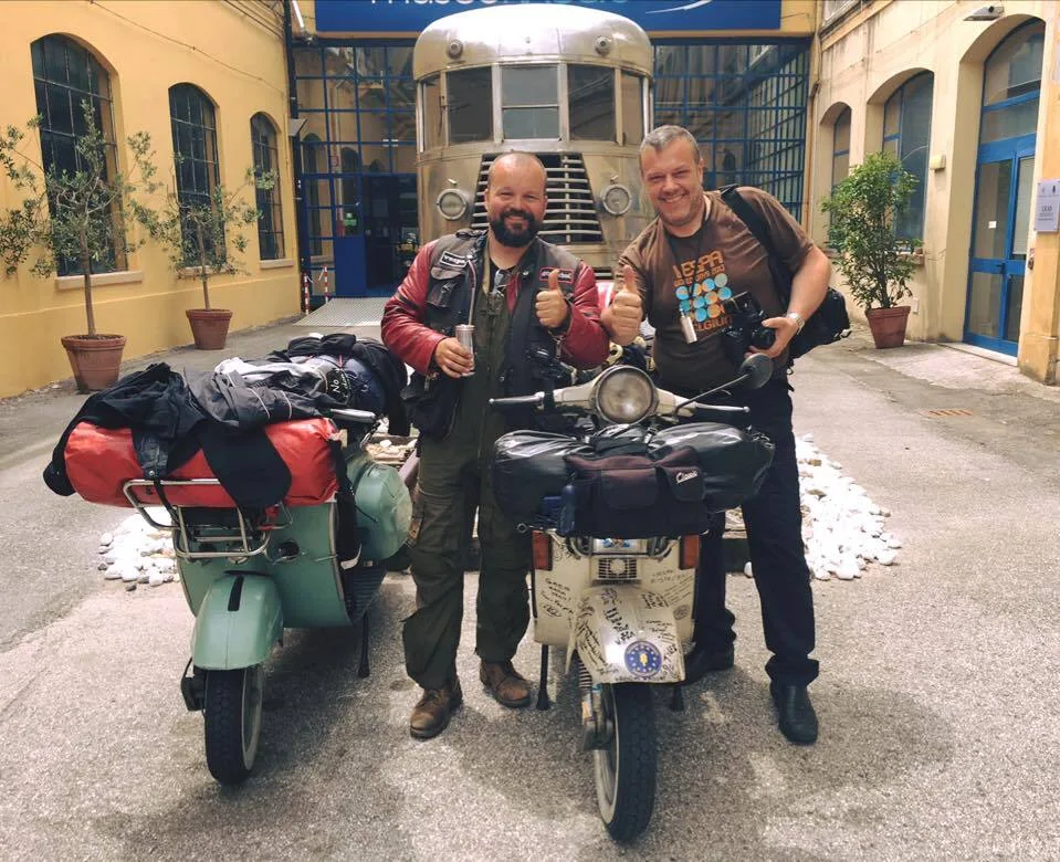 Markus Mayer with Simone Borghini at Piaggio Museum Pontedera Italy 2016