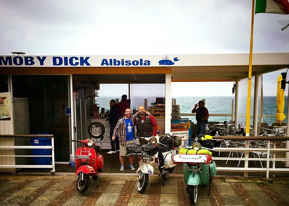 Markus Mayer with Simone Sciutteri and their Vespas Madalina and Peyton in Albisola Italy 2016 — about 50,000 km of European roads in one picture