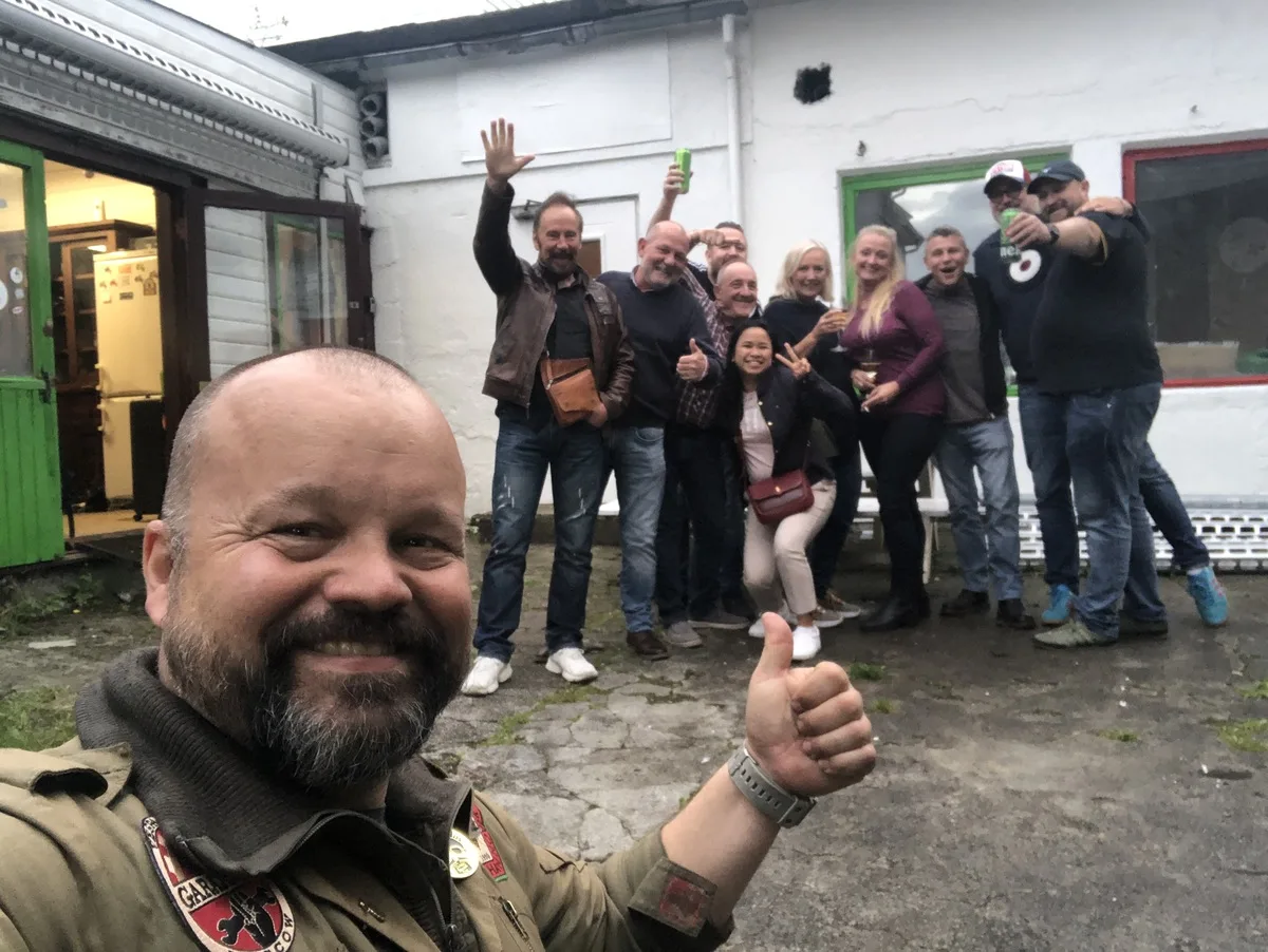Markus André Mayer selfie with Storhaug Scooter Club members Stavanger Norway 2023 honorary membership