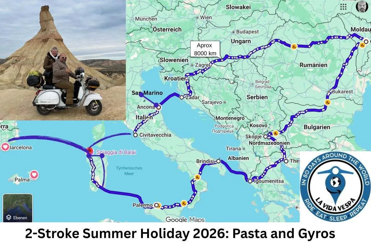Route map for the 2026 Vespa Balkans tour — 8,000 km through Sardinia, Italy, Albania, Greece, Bulgaria, Romania and Moldova