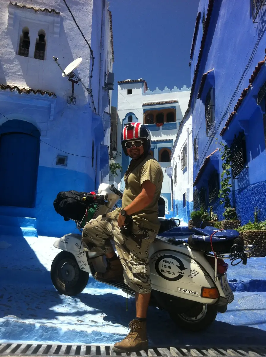Madalina the Vespa P200E in the blue streets of Chefchaouen Morocco — Europa Tour 2014