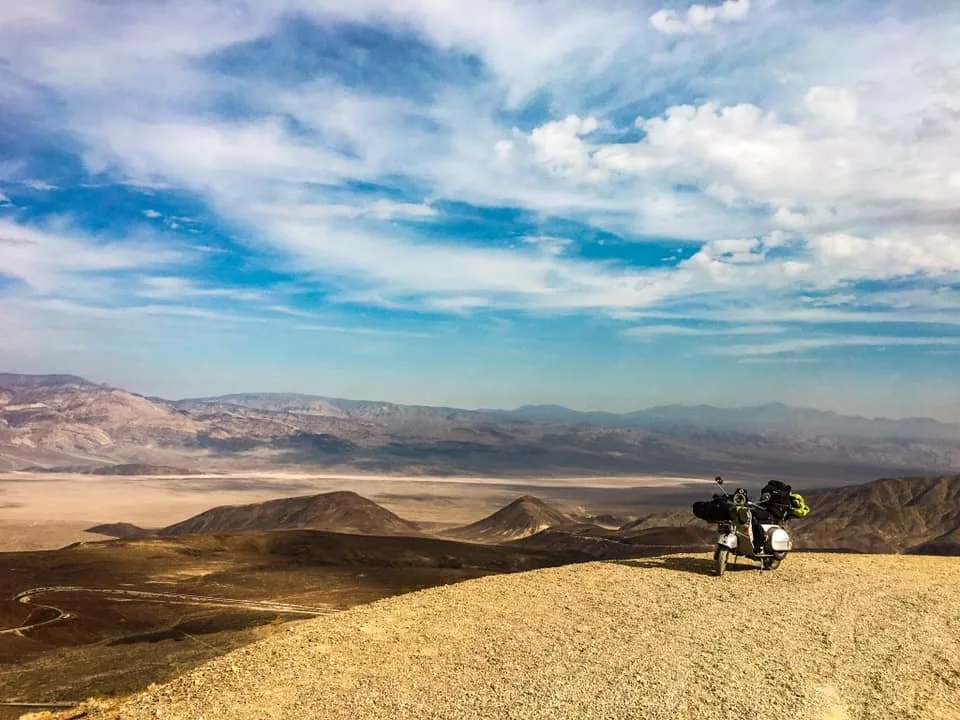 Vespa Stella 150 overlooking Death Valley desert panorama California USA 2017 — Coast to Coast preparation
