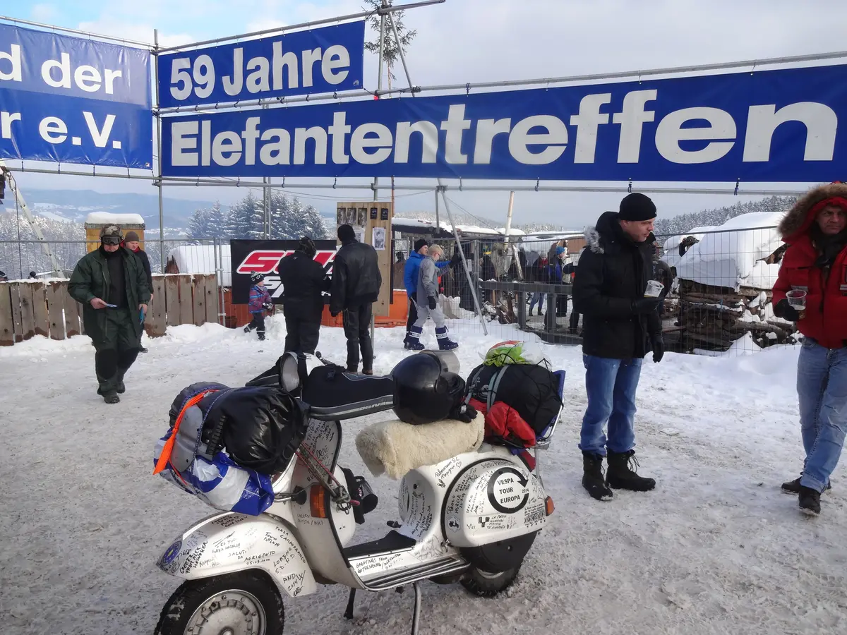 Markus André Mayer with Madalina the Vespa P200E at Elefantentreffen Solla -14°C 2015