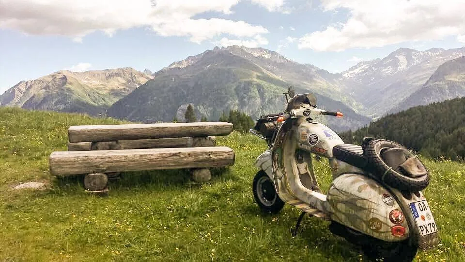 Madalina the Vespa P200E in the Alps during Giro Germanica charity ride 2017