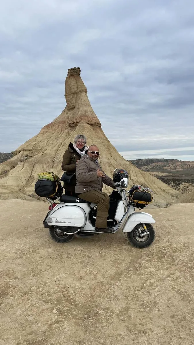 Markus André Mayer and Martina on Vespa at Bardenas Reales desert Navarra — Vespaseo Ibérico 2025