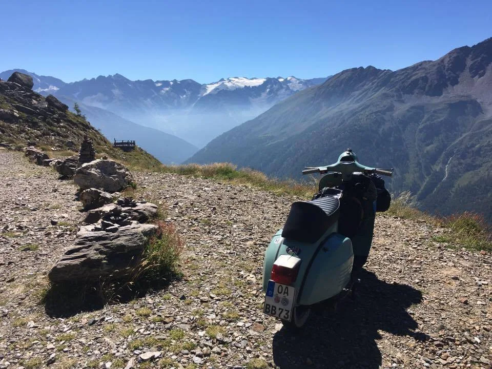 Vespa at the Stilfser Joch Italy with Alpine panorama — Autumn Tour 2016