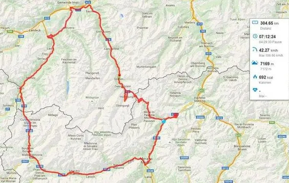 GPS route map of the PreRe II 2015 Vespa night rally — 304 km from Sölden over Reschenpass, Jaufenpass and Timmelsjoch, 7,169 metres climbing