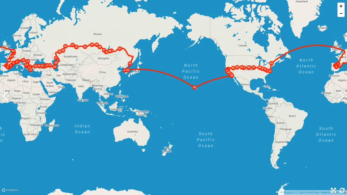 Route map of Markus André Mayer Vespa world circumnavigation 2018 — Madrid to Istanbul to Vladivostok to San Diego to New York to Madrid, 27,113 km in 80 days